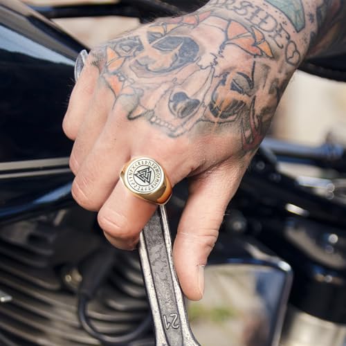 King Will Men's Tungsten Signet Rings Thumb Pinky Biker Band Ring For Men High Polished Plain Wedding Statement Ring Comfort Fit Size 7-12 - color: Runes-Gold