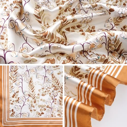 Pistha Head Scarf Bandana for Women, Satin Scarf for Hair, Large Square Silk Bandana Headscarf for Women and Men 35 Inch - style: Flower-orange