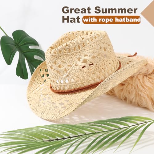 AQOKKA Straw Cowboy Hats for Women Men Western Cowgirl Hats with Shapeable Brim Woven Hollow Out Unisex Beach Roll Up Caps - color: Beige