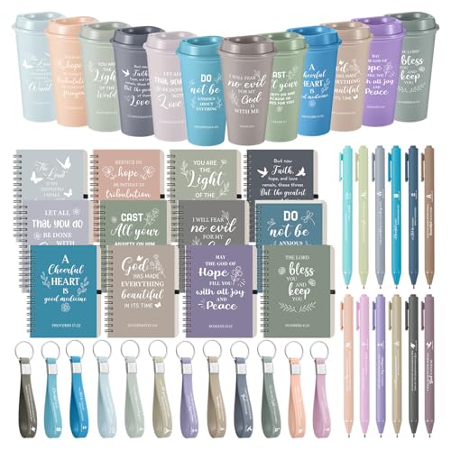 Skylety 12 Set/48 Pcs Christian Gifts Bulk Church Religious Gift Set 16 oz Bible Scripture Cups with Lids Mini Spiral Notebooks Pens Keychains for Women Staff Team Friends (Light Morandi Color) - color: Light Morandi Color