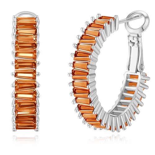 Trendy 14K Gold Plated Hoop Earrings for Women, Chunky Gold/Silver Earrings for Women Cubic Zirconia Baguette Hoop Earrings Heart Hoops Lightweight Hypoallergenic Jewelry,25mm/35mm/40mm/50mm - color: 01 Silver Burnt Orange Hoops 25mm