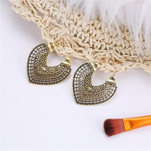 Boho Antique Carved Flower Dangle Drop Earrings for Women Vintage Retro Handmade Hollowed Antiqued Bronze Floral Shaped Geometric Gold Silver Plated Hoop Earrings for Ethnic Style Jewelry Gifts - color: Teardrop gold earring