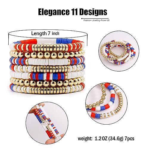 Elegance 11 designs Heishi Beaded Bracelets For Women Polymer Clay Colorful Surfer Stackable Beads Boho Bracelet Summer Beach Jewelry - color: Red white blue