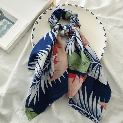 Boho Hair Scarf Scrunchies, 12” Floral Satin Bow Ties Long Bandana, French-Inspired Cheetah Ribbon Ponytail Holder Hair Accessories (Floral, 4 Pack) - color: Floral