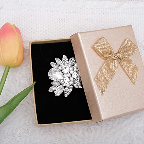 CSY Luxury Women's Austrian Crystal Leaves Flower Big Cocktail Statement Rings Stretch Adjustable Ring Jewelry Accessories - color: White Crystal