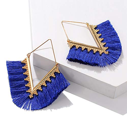 Tassel Hoop Earring Statement Thread Dangle Earrings Stylish Long Fringe Drop Earrings Lightweight Long Swingy French Hook Earrings for Women - color: A Royal Blue