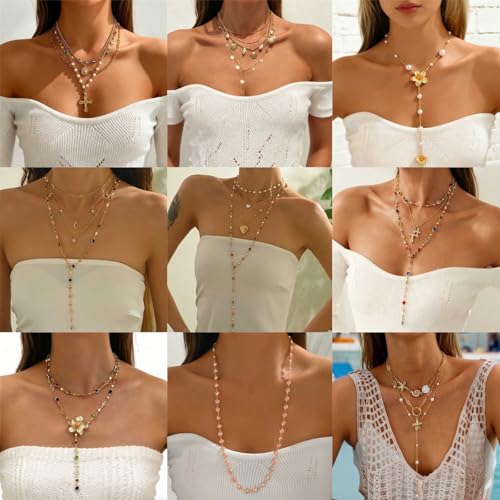Chunky Gold Flower Necklace Boho Layered Colorful Crystal Necklace Large Floral Rhinestone Lariat Necklace Y-Shaped Long Necklace Summer Beach Fashion Jewelry Accessary for Women - color: Crystal