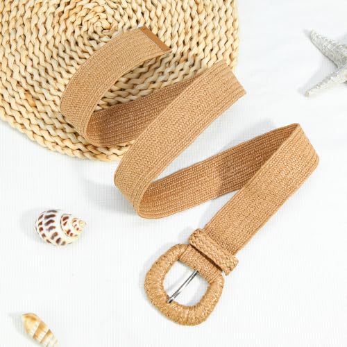 HOTWILL Women Straw Woven Belt Boho Elastic Stretch Braided Waist Belts for Summer Dresses - color: Camel_d Ring Buckle