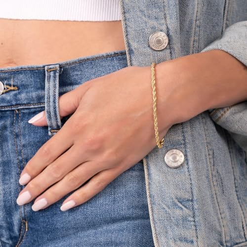 Barzel 18K Gold Plated Rope Chain Bracelet - Made In Brazil - color: 3MM, size: 7 Inches