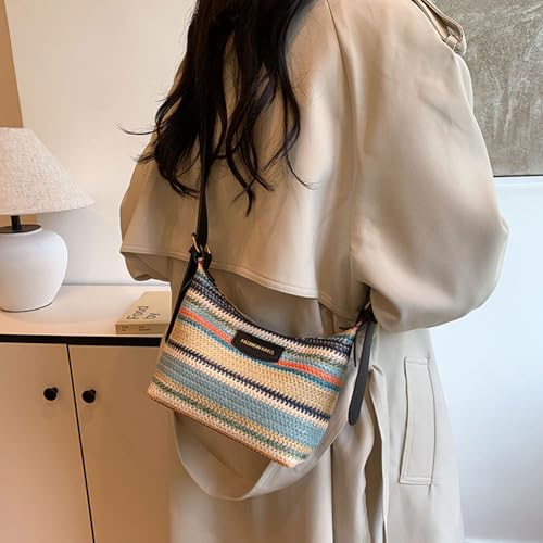Women's Woven Beach Shoulder Handbag Colorful Straw Tote Bag Summer Vacation Crossbody Bag - color: 9706black
