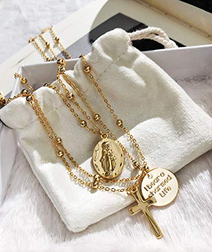 6PCS Layered Gold Necklaces for Women Trendy, 18K Gold Plated Cross Pendant Necklace Set, Vintage Chunky Gold Necklace Stack for Women Jewelry Gifts - style: Layered Faith Necklace