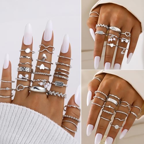 FAXHION 68 Pcs Gold Jewelry Set for Women with 7 Necklace, 17 Bracelet, 5 Hoop Earrings, 15 Stud Earrings, 24 Knuckle Rings for Women Jewelry Set for Women Gift - color: silver jewelry set
