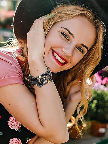 Women Beaded Bracelet Set | Colorful Boho Stackable Trendy Design with Crystal Accents Multilayer Bangle Bracelet | Fashion Stretch Braclets Jewelry for Women - color: Black.