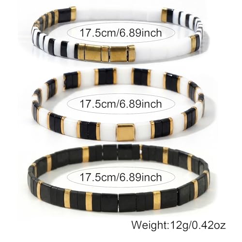 Tila Flat Square Stack Beaded Bracelets Set for Women Men, Boho 3Pcs Romantic Handmade Healing Gold Colorful Stretch Accessories Jewelry, Daily Vacation Party Holiday Friendship Gift - color: Black White Black