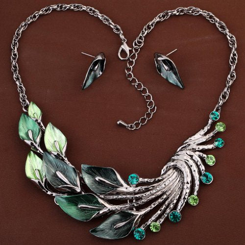 YAZILIND Ethnic Style Tibetan Silver Peacock Crystal Chunky Bib Earrings Necklace Set Wedding Party - color: Green
