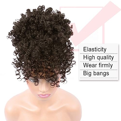 Drawstring Ponytail with Bangs Afro Puff Extensions for Women Short Curly Clip in Wrap Updo Hairpiece(2B) - color: 4#