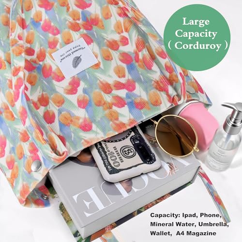 Corduroy Tote Bag for Women Small Canvas Shoulder Purse Cord Handy Bag with Inner Pocket | with Front Pocket - color: 03 Tulip