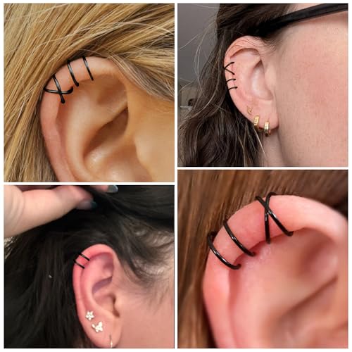 MILACOLATO 4Pcs 925 Sterling Silver Ear Cuffs for Women 14K Gold Plated Adjustable Ear Cuffs Non Piercing Minimalist Ear Cuff Earrings Fake Helix Cartilage Clip on Earrings Hypoallergenic - color: Black