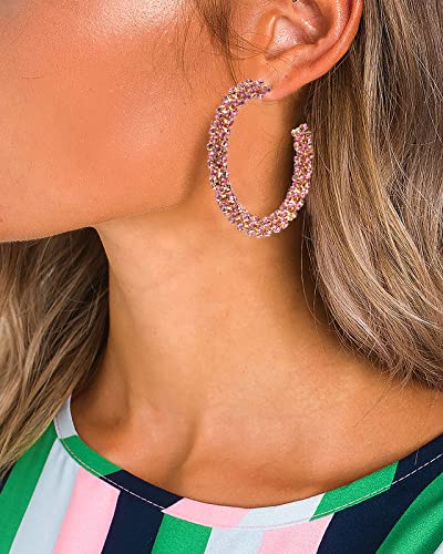 Rhinestone Hoop Earring for Women Sparkly Crystal Wrapped Hoop Dangle Earrings Statement Boho Gold Black Plated CZ Hoop Earring - color: B: Pink