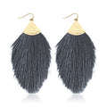 Bohemian Silky Thread Fan Fringe Tassel Statement Earrings - Lightweight Strand Feather Shape Dangles - color: Feather Fringe - Dark Gray