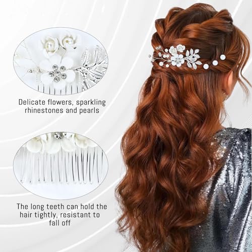 inSowni 20 Pieces Rhinestone Pearl Bridal Wedding Party Prom White Flower Hair Side Combs Slides +U-shaped Floral Hair Pins+Twist Spiral Pearl Hairpins Headpieces for Brides Bridesmaids Girls Women - color: Pure White