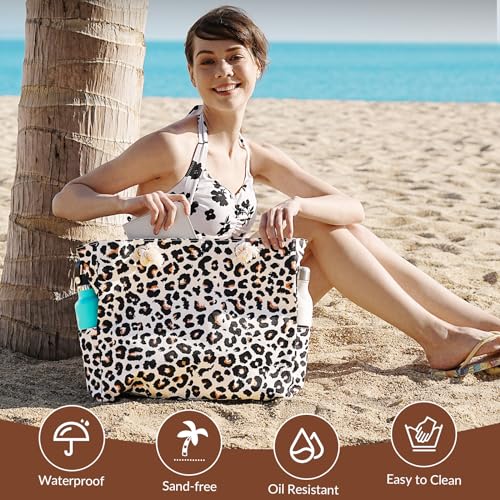 Clothirily Beach Bag for Women - Large Beach Tote Bag, Waterproof Sandproof Beach Bag with Zipper, Large Swim Pool Beach Tote - color: Leopard Print