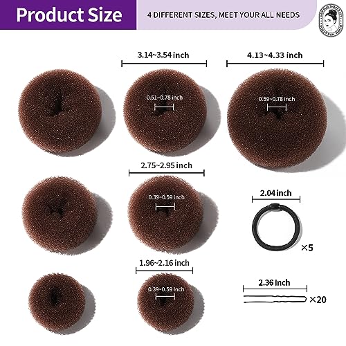 Teenitor Donut Hair Bun Maker Set - 7 Rings (1 Extra-Large, 2 Large, 2 Medium, 2 Small), 5 Elastic Bands, 20 Hair Pins, Dark Brown - color: A-Brown