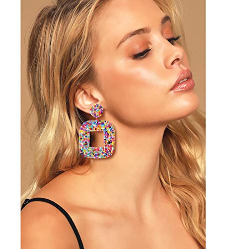 Beaded Drop Earrings Multicolored Seed Bead Earrings for Women Bohemia Statement Square Bead Hoop Dangle Earrings for Wedding Party Vacation - color: A Multicolored
