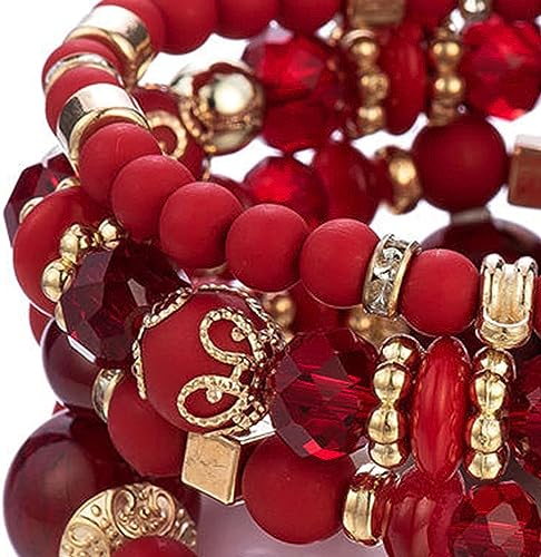 Women Beaded Bracelet Set | Colorful Boho Stackable Trendy Design with Crystal Accents Multilayer Bangle Bracelet | Fashion Stretch Braclets Jewelry for Women - color: Dark Red
