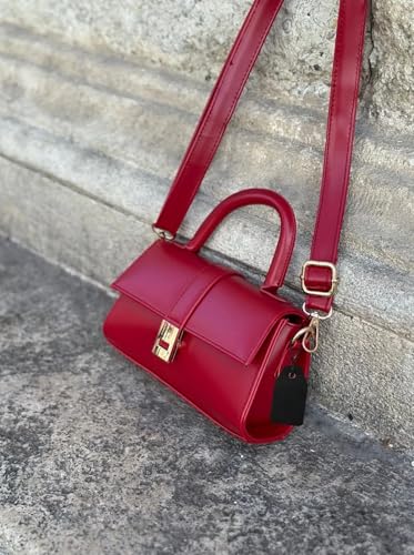 MOON CANTA Mini Crossbody Bag for Women – Small Faux Leather Shoulder Purse with Gold Lock, Elegant Design for Daily Use - color: Cherry Red