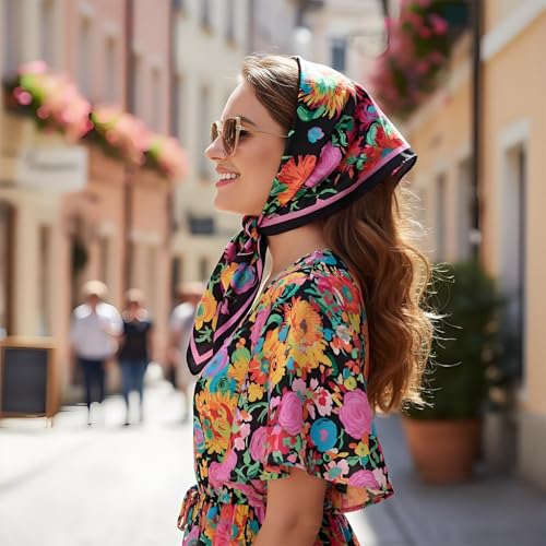 Premium Floral Scarf for Women 35x35 Square Silk Feel-Lightweight Scarves Headscarf Bandanas Wrapping Handbag - color: Hydrangea Flower