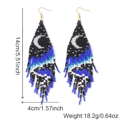Bohemian Beaded Long Tassel Dangle Earrings for Women, Handmade Jewelry White Tarnish Resistant Lightweight Design, Stylish Accessory for Beach Vacation Party and Gift - color: blue-2