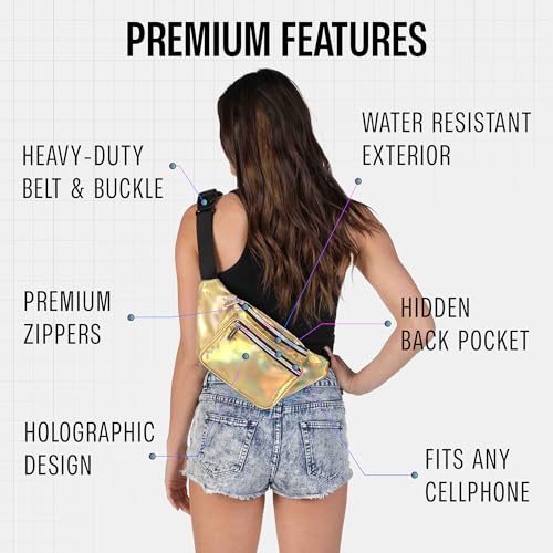 Holographic Fanny Pack Belt bag - Crossbody Waist Bag for Men or Women - Hands-Free, Waterproof Large Bumbag for Hiking, Running, and Travel (Gold) - color: Holographic Gold