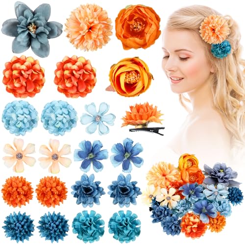BBTO 21 Pcs Flower Hair Clip Rose Hair Clips Barrettes for Women Flower Accessories Boho Bride Claw Clip Hairpin Brooch Pin Headpiece for Wedding (Orange Blue Series) - color: Orange Blue Series