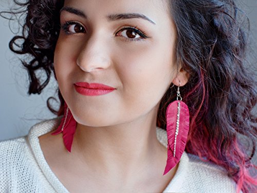 Black shiny Leather Feather Earrings for Women, Lightweight Minimal Boho Dangle Earrings, Small Simple Everyday Jewelry - color: Pink fuchsia