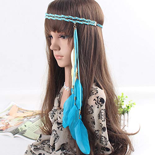 WLBON Halloween Boho Feather Headband Hippie Indian Leaf Hair Hoops Bands Tassel Bohemian Headpiece Hairband Women Xmas Wedding Festival Masquerade Cosplay Dress Up Birthday Party Accessories Blue - color: Blue Tone