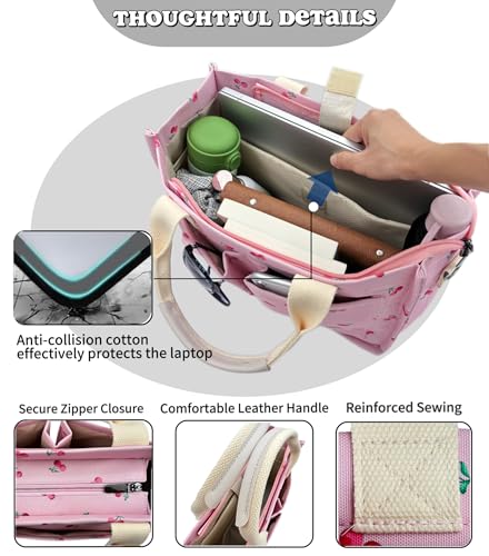Large Canvas Tote Bag for Women Work Tote Bags with Pockets Laptop Crossbody Purses Everyday Bag Handbags for Travel - color: New Upgrade Plus Cherry Pink