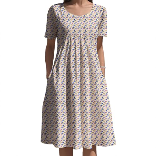 Midi Dress for Women Boho Floral Pattern Short Sleeve Crew Neck Vacation Beach Sundress Lightweight Comfy - color: Beige Blue White, size: 3X-Large