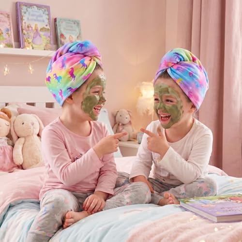 Basumee Microfiber Hair Towel Wrap for Kids 2 Pack Rapid Drying Hair Towel with Button Hair Turbans for Wet Hair Wraps Head Towel Wrap for Women and Girls, Rainbow Unicorn - color: Rainbow Unicorn