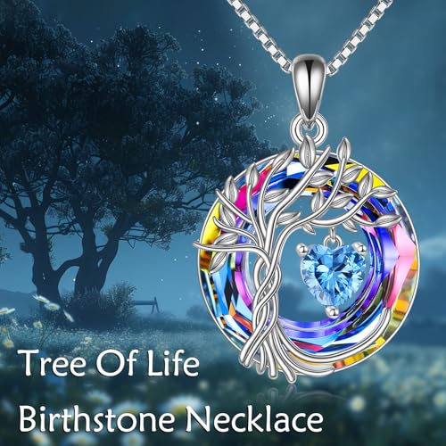 POPLYKE Mothers Day Gifts for Mom Her Wife Tree of Life Necklace 925 Sterling Silver Birthstone Pendant with Crystal Anniversary Birthday Wedding Jewelry for Women - color: 12-Dec-Blue Topaz, style: White Gold Plated-Volcano Crystal