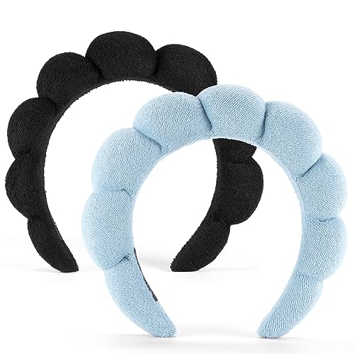 Ztomine Face Wash Headband, Set of 2 - Terry Cloth Spa Headbands for Washing Face or Facial, Puffy Makeup Headbands for Skincare, Mask, Hair Salon, Professional Use (Black & Blue) - color: Black+Blue