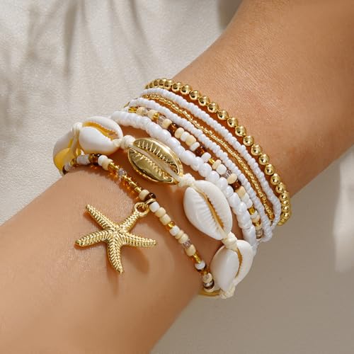 Shell Bracelet Seashell Boho Beaded Stretch Bracelets for Women Summer Beach Bracelets Starfish Charm Bracelet Stackable Gold Plated Bracelets Set for Women - color: b-white