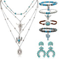 Turquoise Western Jewelry Set for Women, Boho Cowgirl Earrings Bracelet Stack and Layered Necklace, Silver Tone, Multiple Styles - style: Cactus & Bullhead