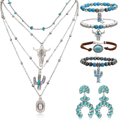 Turquoise Western Jewelry Set for Women, Boho Cowgirl Earrings Bracelet Stack and Layered Necklace, Silver Tone, Multiple Styles - style: Cactus & Bullhead