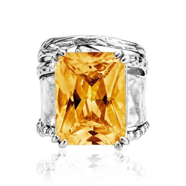 JEAN RACHEL JEWELRY 925 Sterling Silver Ring - Hammered Vintage Design with Octagon Shaped Cubic Zirconia - Hypoallergenic, Lead & Nickel Free - Artisan Handcrafted Statement Rings for Women - color: Citrine CZ