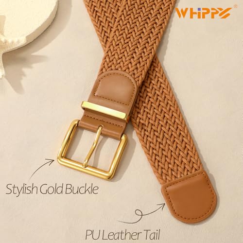 WHIPPY Women Wide Woven Belt Fashion Boho Rattan Braided Belt with Gold Buckle Raffia Straw Woven Waistband for Dresses - color: Brown, size: Fit Waist Size 25"-29"