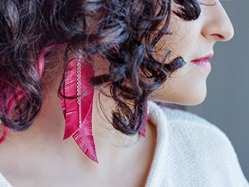 Black shiny Leather Feather Earrings for Women, Lightweight Minimal Boho Dangle Earrings, Small Simple Everyday Jewelry - color: Pink fuchsia