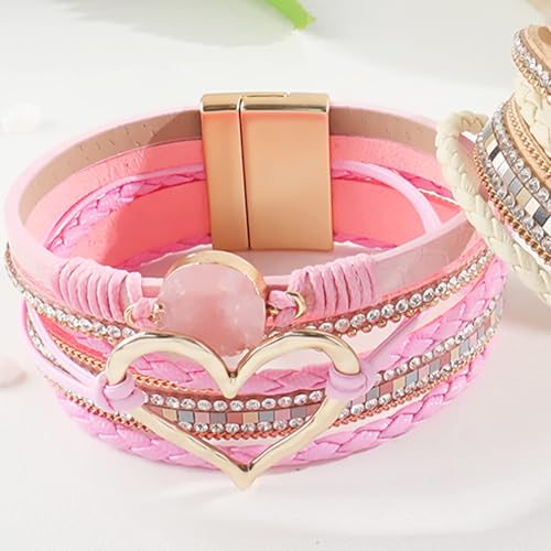 Long tiantian Leather Bracelets for Women Warp Bracelet Stackable Boho Layered Bracelet Chunky Heart Trendy Birthday Gifts for Her - color: B30:2 Bracelet Sets for Teen Girls(Pink)