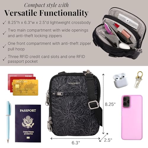 Baggallini Securtex® Anti-theft Mini Everything Crossbody Bag, 6.3"x8.25" Rfid, Locking Zippers & Cut-resistant Strap - color: Midnight Blossom Print