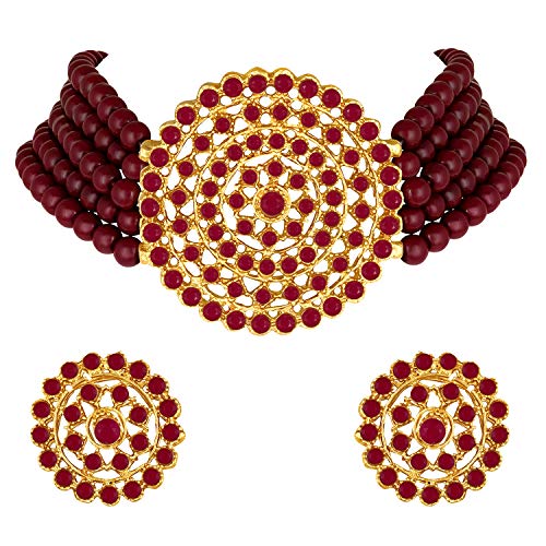 Aheli Pearl Diamond Choker Necklace & Round Earrings Gift for Women Indian Traditional Bollywood Fashion Bharatanatyam jewellery set - color: Maroon 2